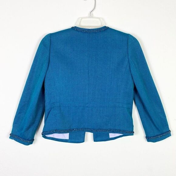 Rebecca Taylor Teal Silk Blend Tweed Chain Accent Blazer Jacket - Picture 2 of 9